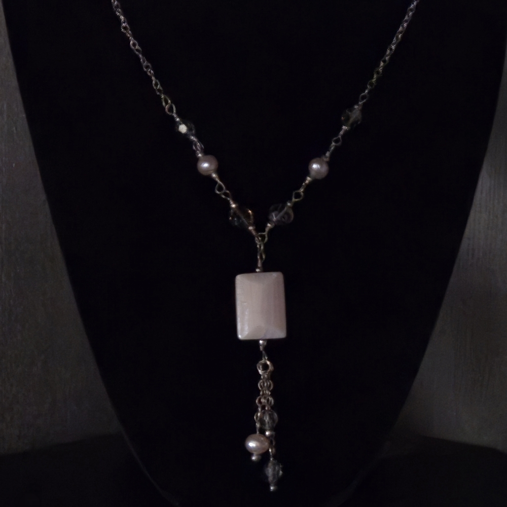 925 Sterling Silver Pink Mangano Calcite Freshwater Pearl & Crystal Necklace 17"